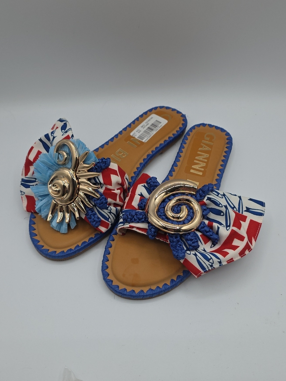 Ganni Blue & Red Patterned Slide Sandals with Gold Embellishments